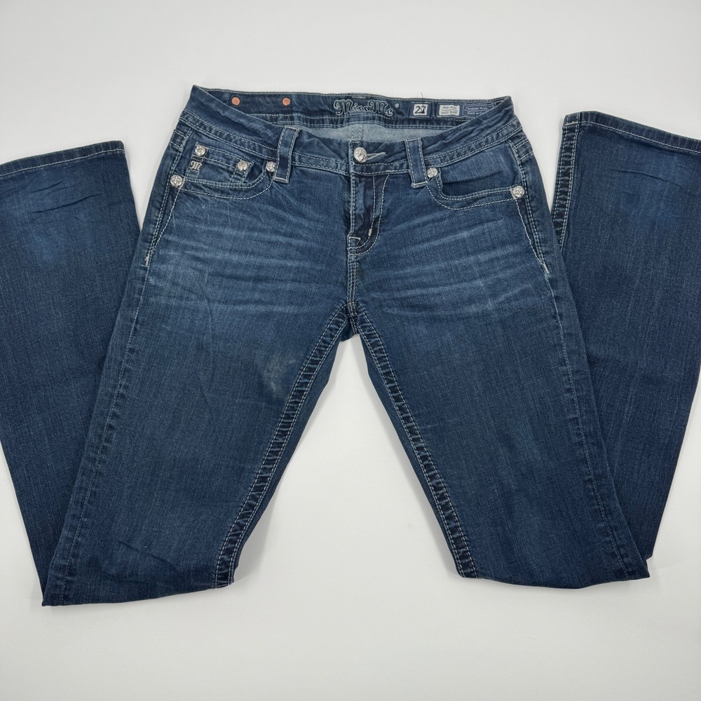 Miss Me Easy Boot Jeans Womens 27 Dark Wash Mid Rise Contrast Stitch JE8249E2X
